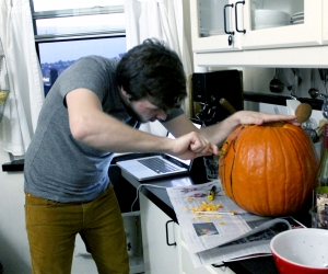 Michael is starting to carve his design.